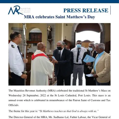 Document preview: Commemorating Saint Matthew’s Day: A Tradition at MRA — Government & admin (PressReleaseStMathews290922)