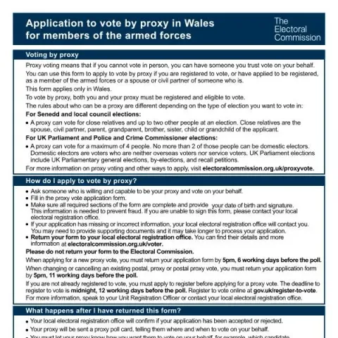 Document preview: Guide to Proxy Voting for Armed Forces Members in Wales — Government & admin (PR-F-W)