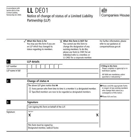 Document preview: Understanding the LL DE01 Form for LLP Status Changes — Business