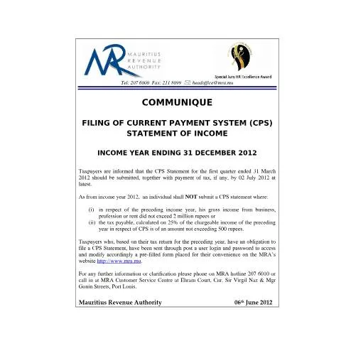Document preview: Mauritius Revenue Authority CPS Income Statement Filing 2012 — Taxes (CERFA n°CommuniqueCPS2012)