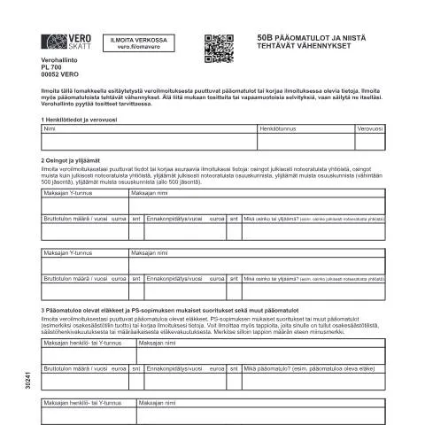 Document preview: Pääomatulojen ilmoittaminen ja oikaisupyyntö — Verot & verotus (CERFA n°Vero 3024)