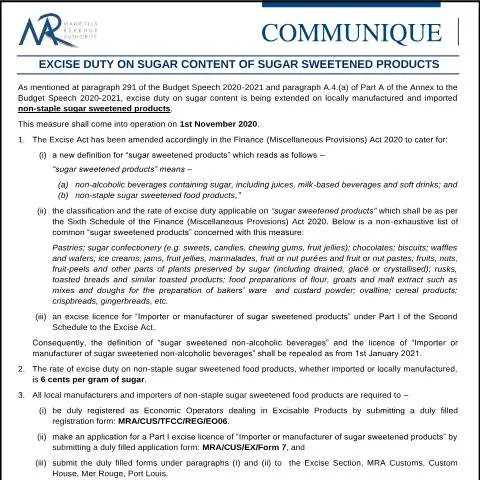 Document preview: Mauritius Implements Excise Duty on Sugar-Sweetened Products — Taxes (CERFA n°CommuniqueExciseDuty081020)