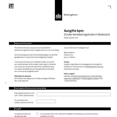 Documentvoorvertoning: Belang van Aangifte bpm zonder kentekenregistratie in Nederland — Belastingen (CERFA n°bpm0121z13fol)