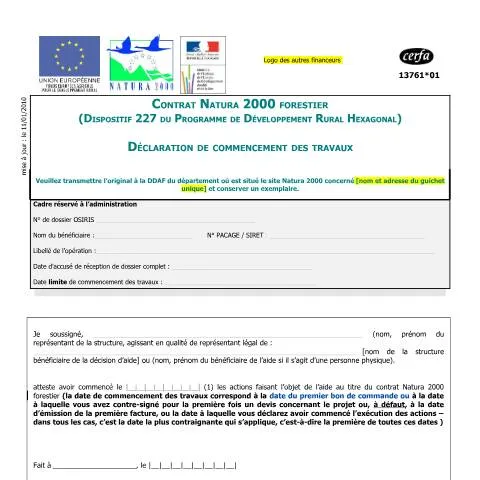 Aperçu du document Déclaration de commencement des travaux forestiers Natura 2000 — Démarches administratives (CERFA n°13761*01)