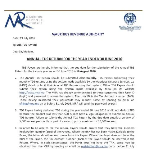 Document preview: Circular on 2016 Annual TDS Return Procedures and Deadlines — Taxes (CERFA n°20160721_CircularAnnualTDSReturnfortheYearEnded30June2016)