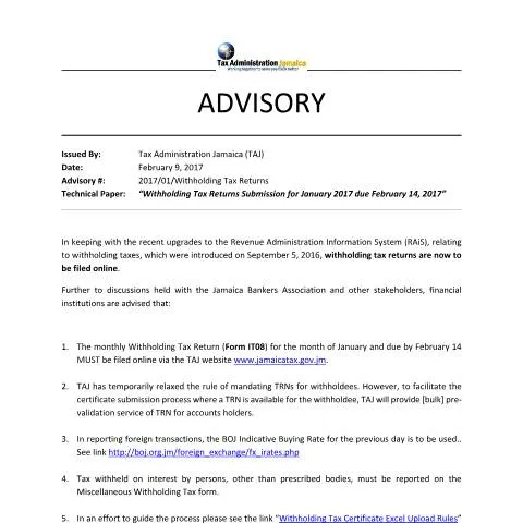 Document preview: Jamaica 2017.1 Withholding Tax Returns Submission Advisory — Taxes (CERFA n°technical+advisory+-+2017.01+-+Withholding+Tax+Returns+Advisory)