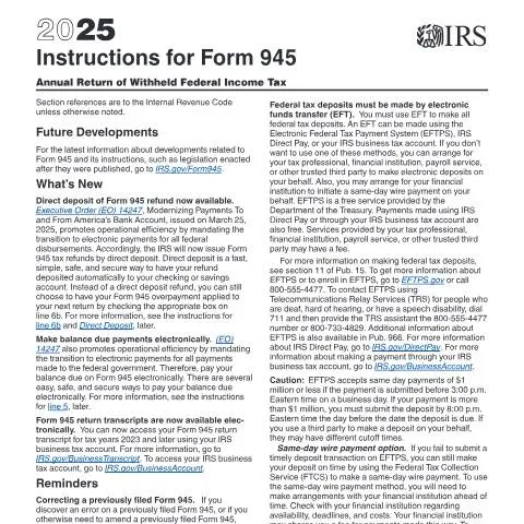 Document preview: Comprehensive Guide to IRS Form 945 Instructions — Taxes (CERFA n°INST-945)