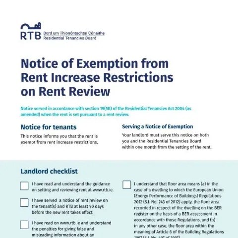 Document preview: Notice of Exemption from Rent Increase Restrictions on Rent Review — Housing (Notice of Rent Review Exemption)