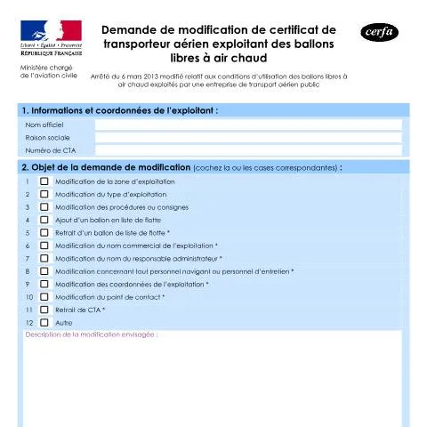 Aperçu du document Comment modifier son certificat d'exploitation de ballons libres — Démarches administratives (CERFA n°15258*01)