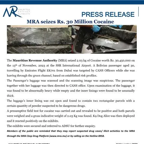 Document preview: Understanding the MRA's Major Cocaine Seizure — Government & admin (PReleaseSeizure141123)