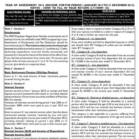 Document preview: Essential Guide to Notes on Individual Return 1A in Mauritius — Government & admin (20140120_Notes1A)