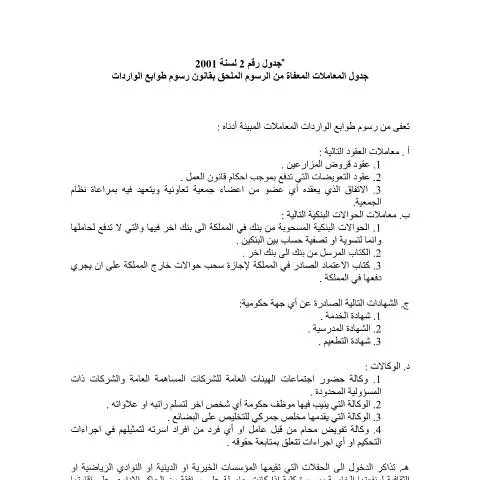 Document preview: جدول رقم 2 للمعاملات المعفاة من الرسوم في الأردن — الإجراءات الإدارية (CERFA n°جدول رقم 2 للمعاملات المعفاة من الرسوم الملحق بقانون رسوم طوابع الواردات 0)