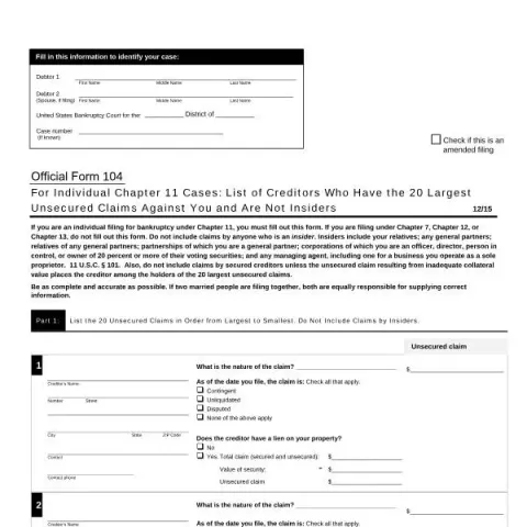 Document preview: Understanding Official Form 104 for Individual Chapter 11 Bankruptcy — Legal & justice (B104)