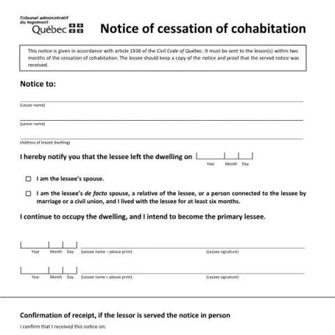 Document preview: Understanding the Notice of Cessation of Cohabitation in Quebec — Housing (TAL-803A-E)