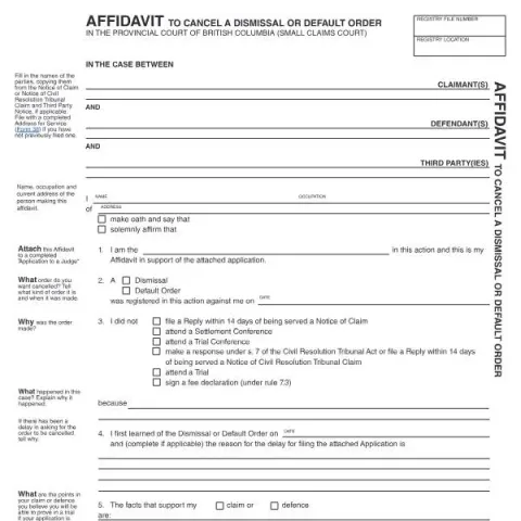 Document preview: How to Cancel a Dismissal or Default Order in BC Small Claims Court — Legal & justice (SCL 020)