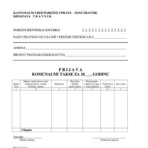 Document preview: Sve o Prijavi komunalne takse u Općini Travnik — Porezi i fiskalnost (CERFA n°PKT- SBK)