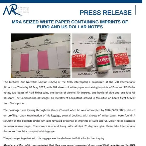 Document preview: Implications of MRA's Currency Seizure at SSR Airport — Government & admin (PressRelease090522)