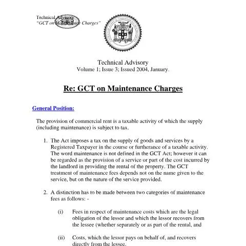 Document preview: Understanding GCT on Maintenance Charges in Jamaica — Taxes (CERFA n°2004.iroc.gct+-+gct+on+maintenance+charges)