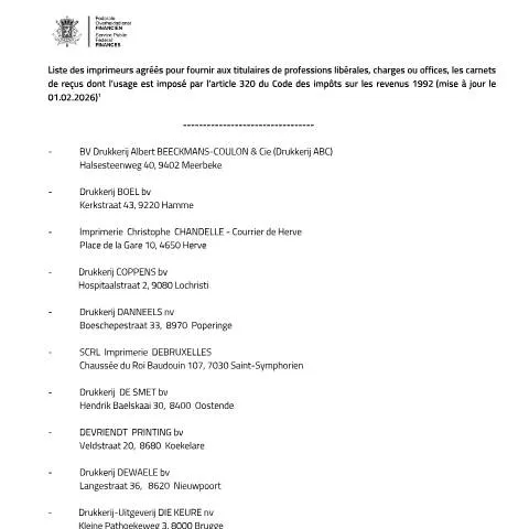 Aperçu du document L'importance des reçus pour les professions libérales en Belgique — Démarches administratives (CERFA n°152-imprimeurs-agrees-professions-liberals-20260201)