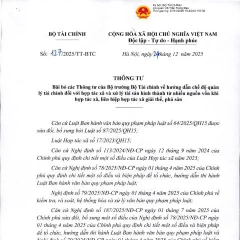 Document preview: Tác động của Thông tư 127/2025/TT-BTC đối với hợp tác xã — Thuế & tài chính (CERFA n°127/2025/TT-BTC)