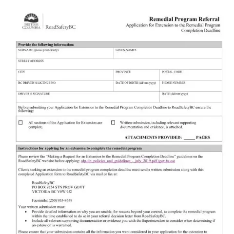 Document preview: Requesting an Extension for Your Remedial Driving Program in British — Vehicle & driving (MV0720)