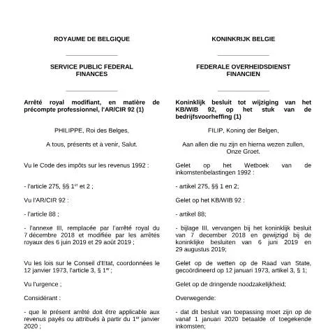 Aperçu du document Nouvelles règles du précompte professionnel en Belgique dès 2020 — Impôts & fiscalité (CERFA n°700-regles-20200101)