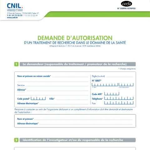 Aperçu du document Autorisation réglementaire pour la recherche médicale en France — Santé (CERFA n°10769*03)