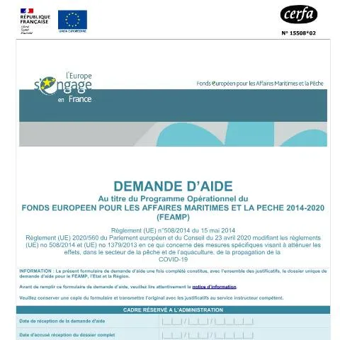 Aperçu du document Aide européenne FEAMP : procédure de demande pour les professionnels — Démarches administratives (CERFA n°15508*02)