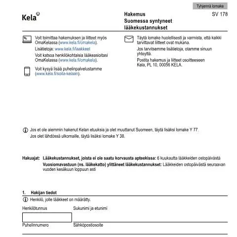Document preview: Lääkekustannusten korvaushakemus Suomessa — Terveys (CERFA n°Kela SV 178)