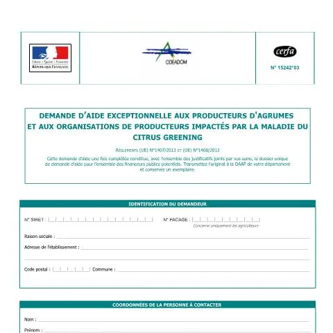 Aperçu du document Dispositif d'aide d'urgence contre le citrus greening — Aides & prestations sociales (CERFA n°15242*03)
