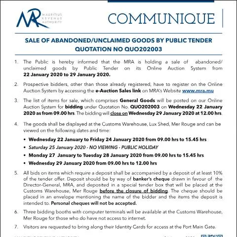 Document preview: Understanding the Sale of Unclaimed Goods in Mauritius — Government & admin (Communique03of2020)