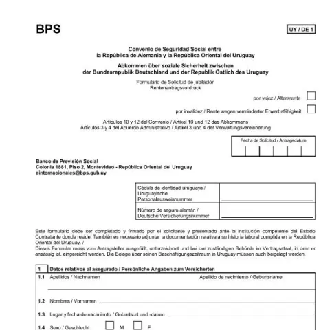 Dokumentvorschau: Antrag auf Versichertenrente aus Uruguay (Spanisch) — Rente & Pension (A6820)