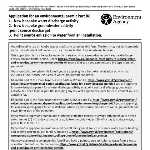 Document preview: Environmental Permit EPB6: Bespoke Water Discharge Activity — Environment & energy