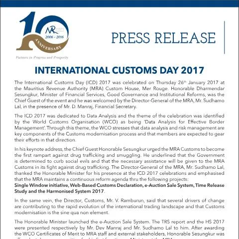 Document preview: Understanding International Customs Day 2017 Celebrations — Customs & trade (CERFA n°PressReleaseICD2017)
