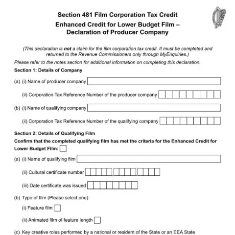 Document preview: Declaration for Section 481 Film Corporation Tax Credit — Taxes (RPC019715_EN_WB_L_1)