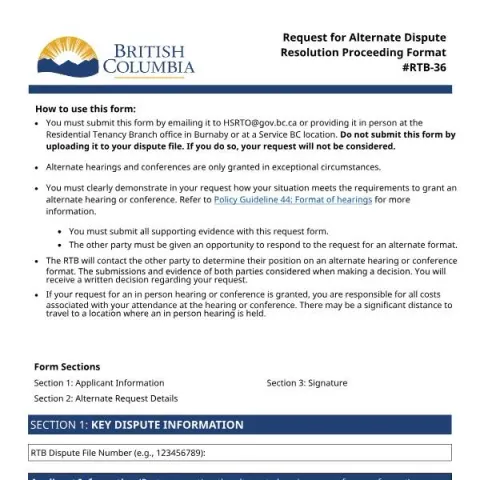 Document preview: How to Request a Different Dispute Resolution Format — Housing (RTB-36)