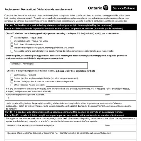 Document preview: Understanding the Replacement Declaration Form in Ontario (English / French) — Vehicle & driving (SR-LV-040)