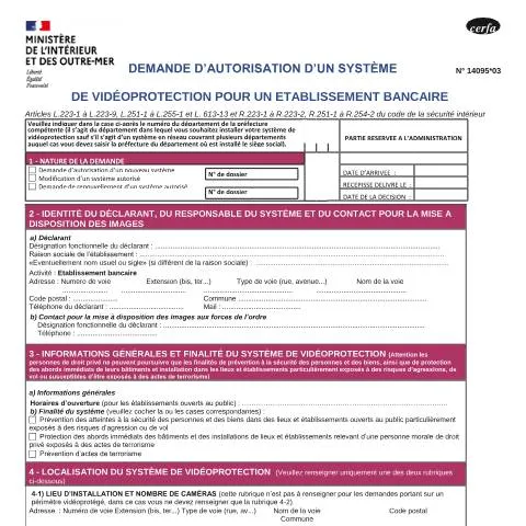 Aperçu du document Autorisation préfectorale de vidéoprotection bancaire : démarches — Banque & finance (CERFA n°14095*03)