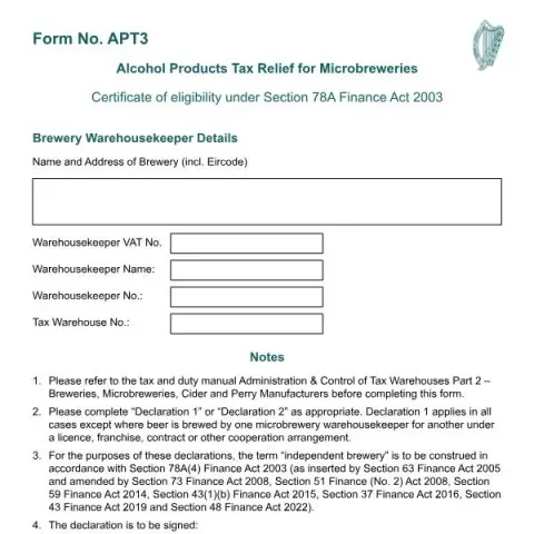 Document preview: Alcohol Products Tax Relief Certificate for Microbreweries — Taxes (APT3)