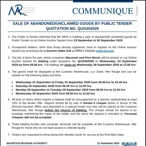 Document preview: Explore the Exciting World of Abandoned Goods Auctions in Mauritius — Government & admin (CERFA n°CommuniqueQ202020)