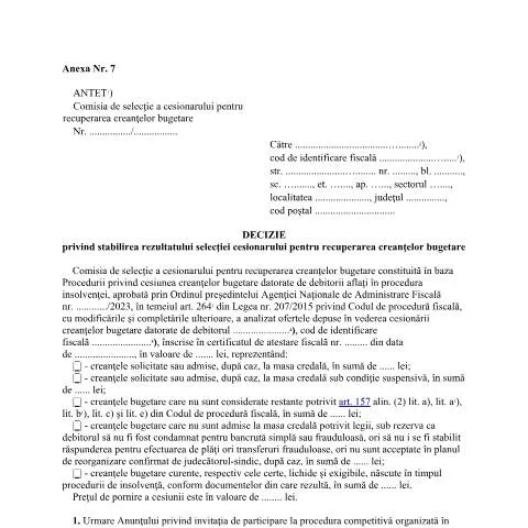 Document preview: Rezultatul selecției cesionarului pentru creanțele bugetare — Impozite & fiscalitate (CERFA n°A7_OPANAF_1940_2023)