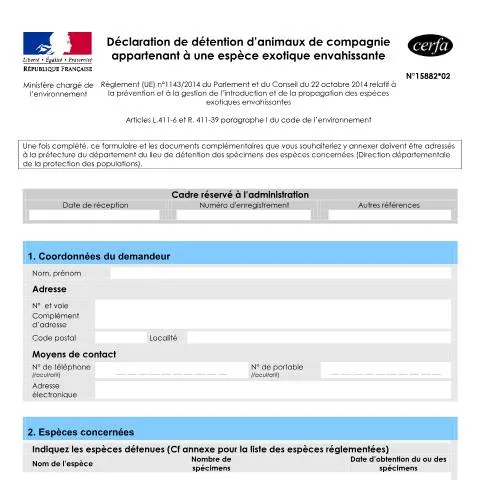 Aperçu du document Formulaire 15882*02 : déclarer son animal exotique envahissant — Démarches administratives (CERFA n°15882*02)