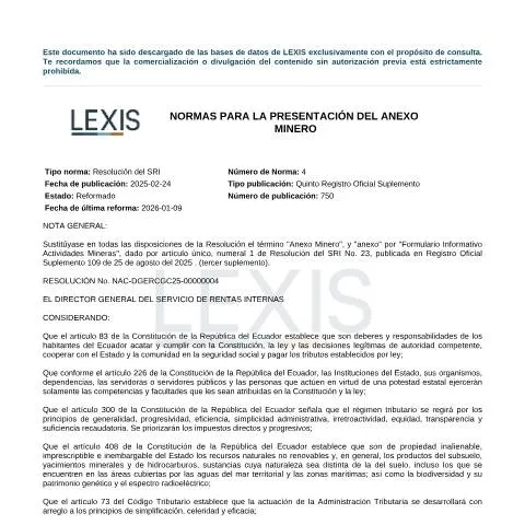Vista previa del documento Normas para presentar el formulario informativo de actividades mineras — Impuestos (CERFA n°RESOLUCIÓN No. NAC-DGERCGC25-00000004)