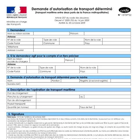 Aperçu du document Demande d'autorisation de transport déterminé maritime français — Démarches administratives (CERFA n°13759*02)