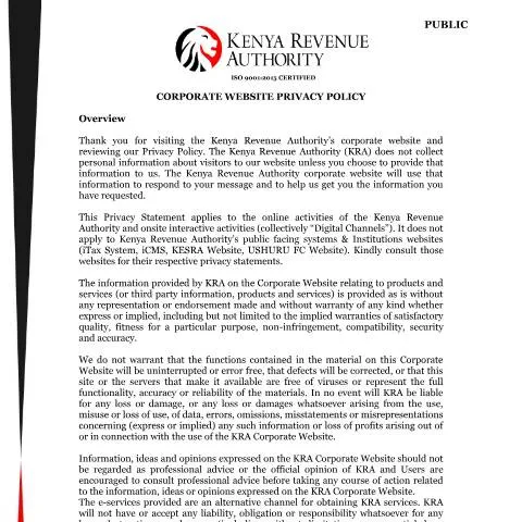 Document preview: Understanding the KRA Privacy Policy for Users — Government & admin (CERFA n°KRA_WEBSITE_PRIVACY_POLICY_2018)