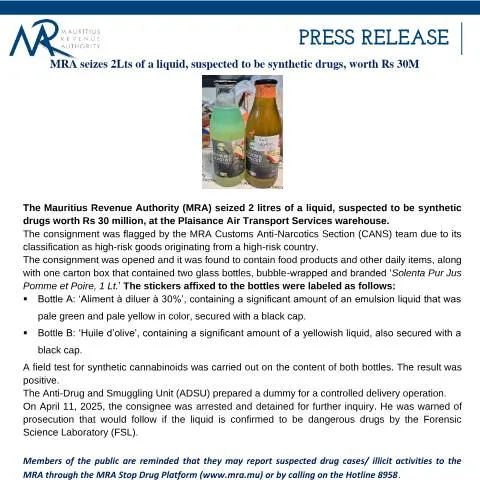 Document preview: MRA's Role in Seizing Synthetic Drugs at Plaisance — Government & admin (PressRelease120425)