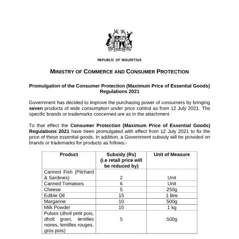 Document preview: Mauritius Enforces Essential Goods Price Cap Regulation 2021 — Consumer rights (CERFA n°CommuniqueMinistry100721)