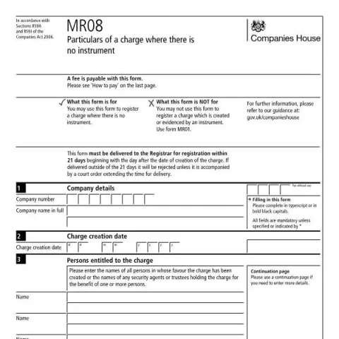 Document preview: Understanding the MR08 Form for Charge Registration — Government & admin (MR08)