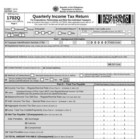 Document preview: Understanding BIR Form No. 1702Q for Corporations and Partnerships — Taxes (CERFA n°1702Q)