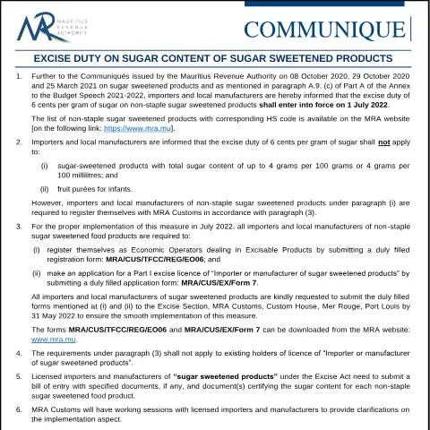 Document preview: Mauritius Implements Excise Duty on Sugar Content in Sweetened — Taxes (CERFA n°Communique080222)